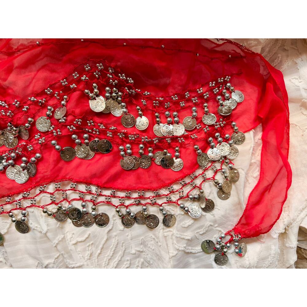 Red Belly Dance Hip Scarf Coin Wrap Sheer Chiffon Silver Tone Coins Used - Picture 5 of 16
